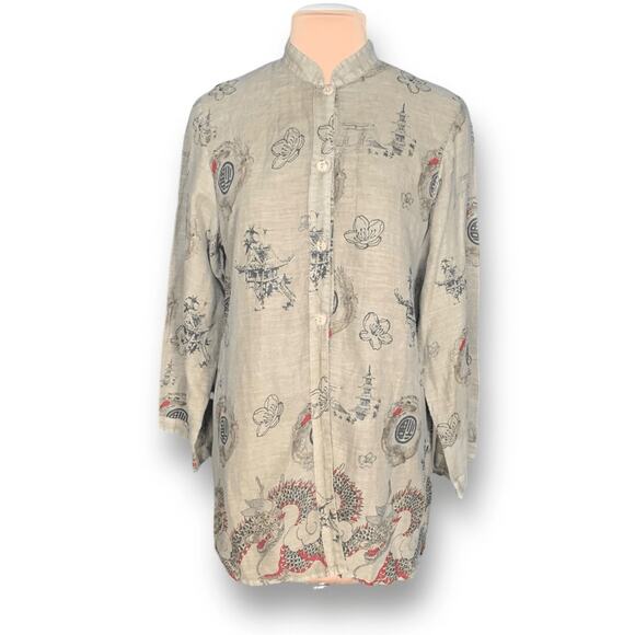 Vintage 90s Citron Santa Monica Linen Tunic Dragon Print Beige Red Asian Top - Picture 2 of 11